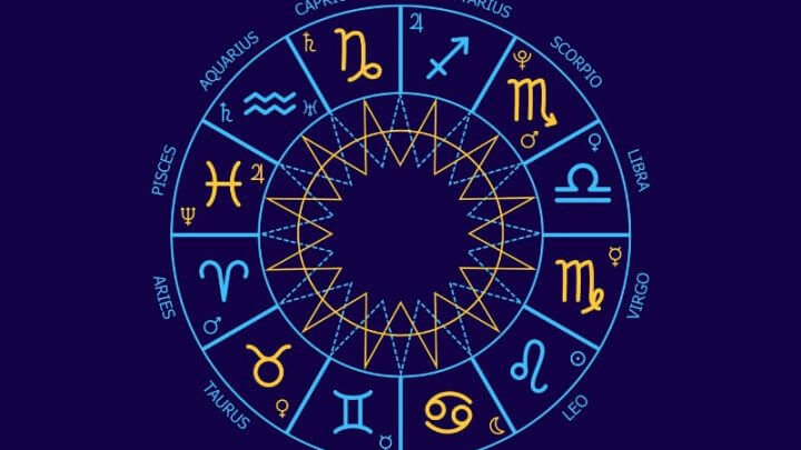 Ilustração de um círculo com os 12 signos do zodíaco em um fundo azul