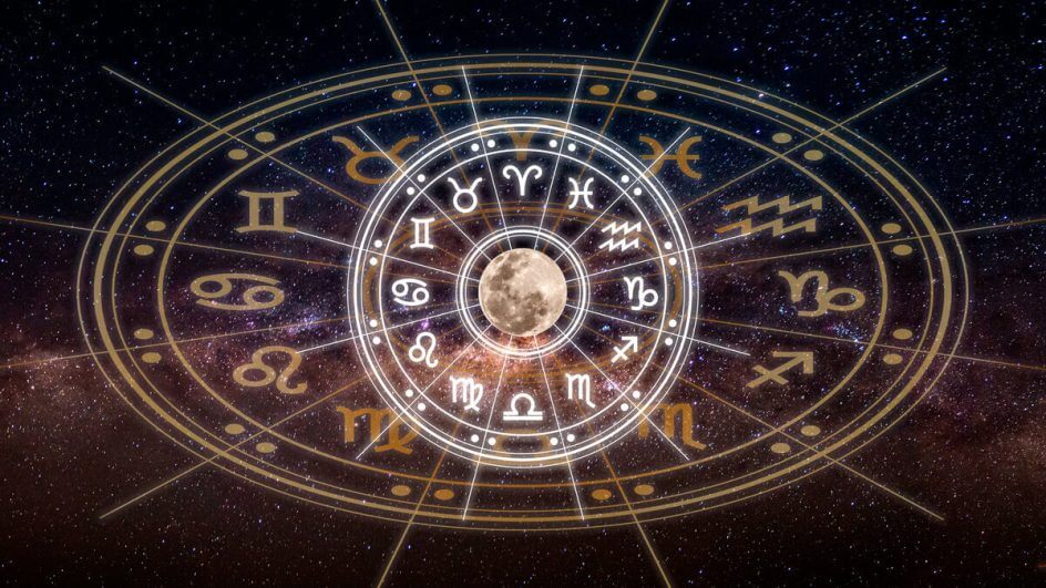 Ilustração de um circulo com os doze signos do zodíaco em um céu estrelado