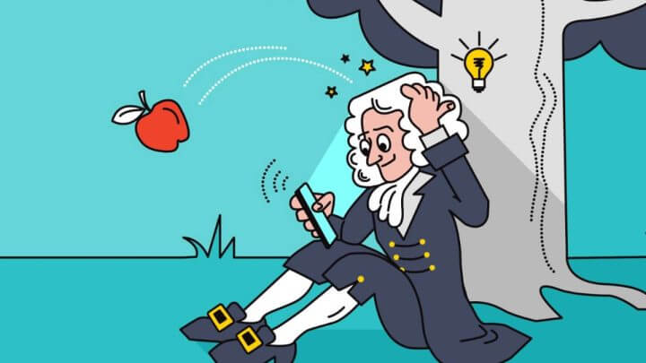 Ilustração do matemático Isaac Newton embaixo de uma árvore