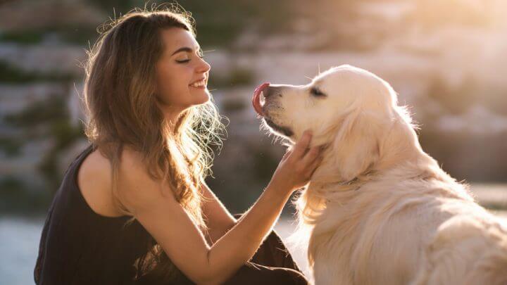 Mulher sorrindo para cachorro grande em ambiente externo.