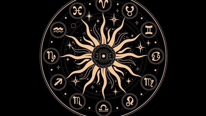 Ilustração de um círculo dourado com os 12 signos do zodíaco