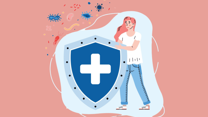 Imagem vetorial de mulher com escudo se protegendo contra vírus e bactérias