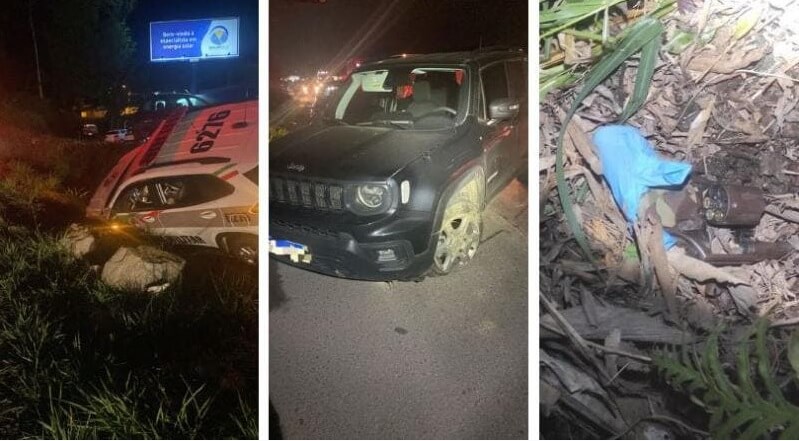 Imagens mostram carro das vítimas, arma usada pelo criminoso e viatura acidentada da PM (Foto: Polícia Militar, Divulção)