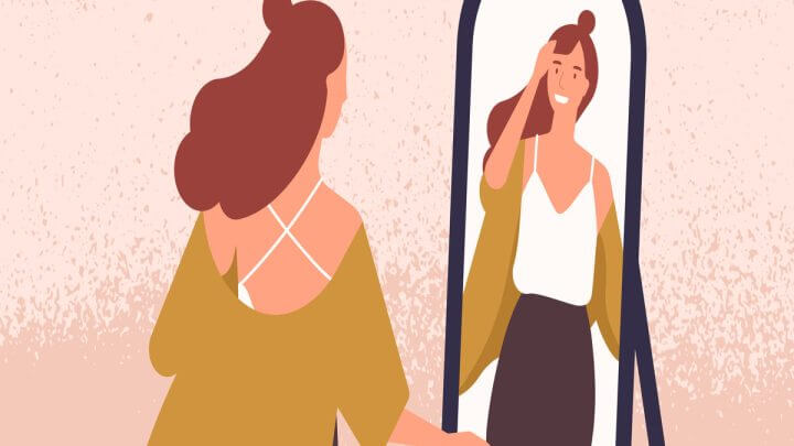 Ilustração de uma mulher se olhando no espelho
