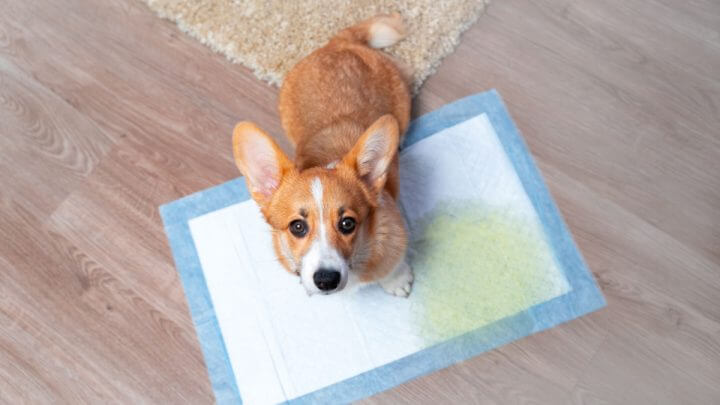 Corgi pequeno em cima de fralda no chão do banheiro
