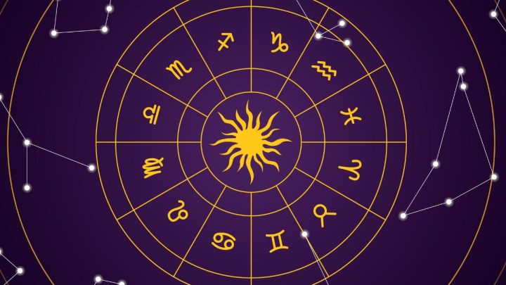 Ilustração de um círculo amarelo com os doze signos do zodíaco em um fundo roxo