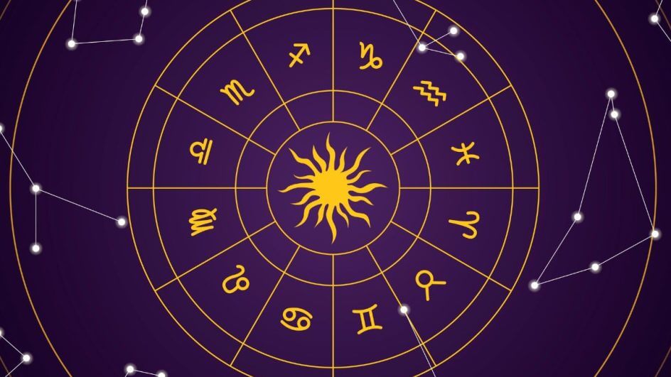 Ilustração de um círculo amarelo com os doze signos do zodíaco em um fundo roxo