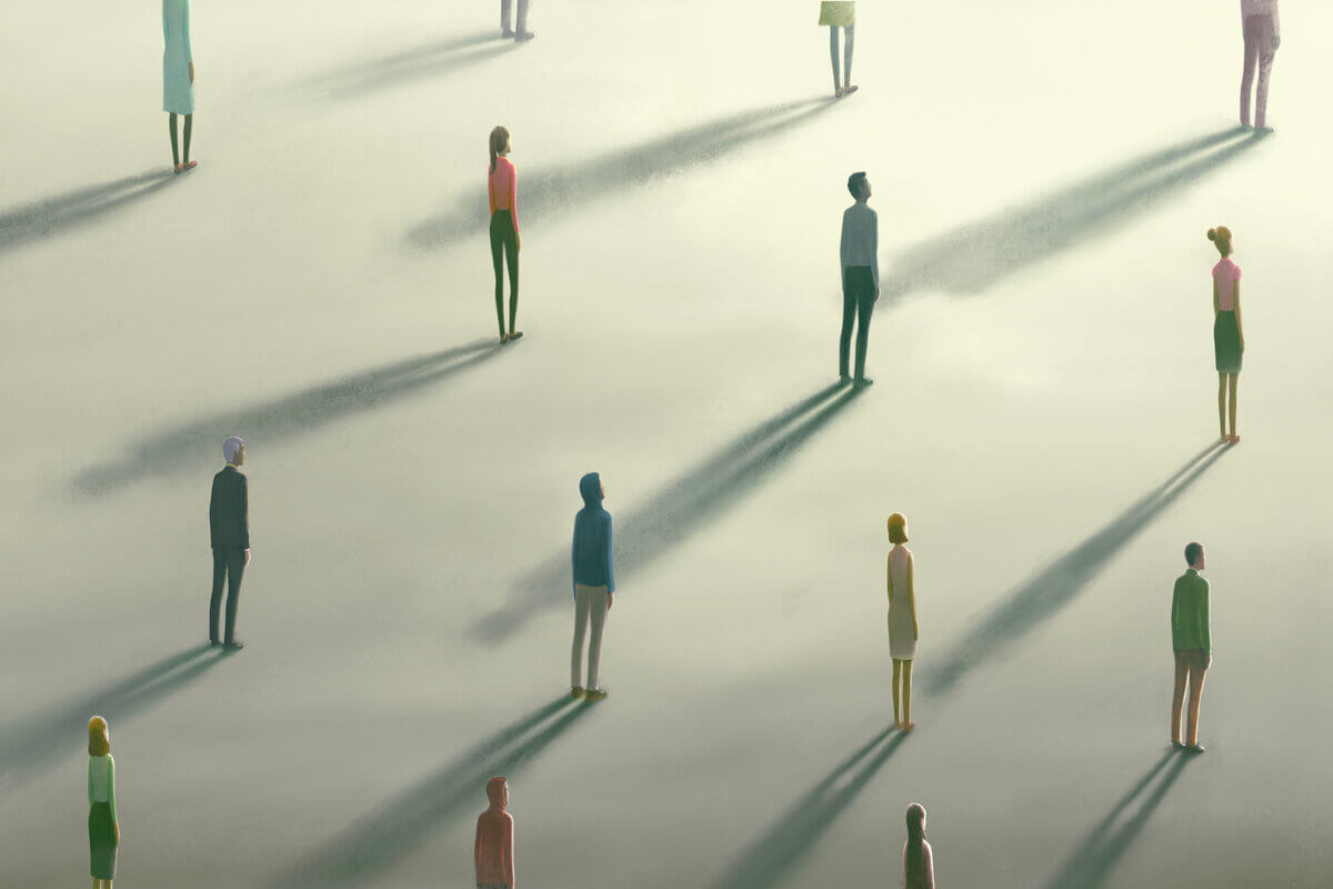 Ilustração de pessoas em pé em frente a uma luz branca