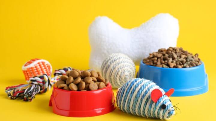 Potes azul e vermelho com ração e, em volta, brinquedos para cachorro e gato