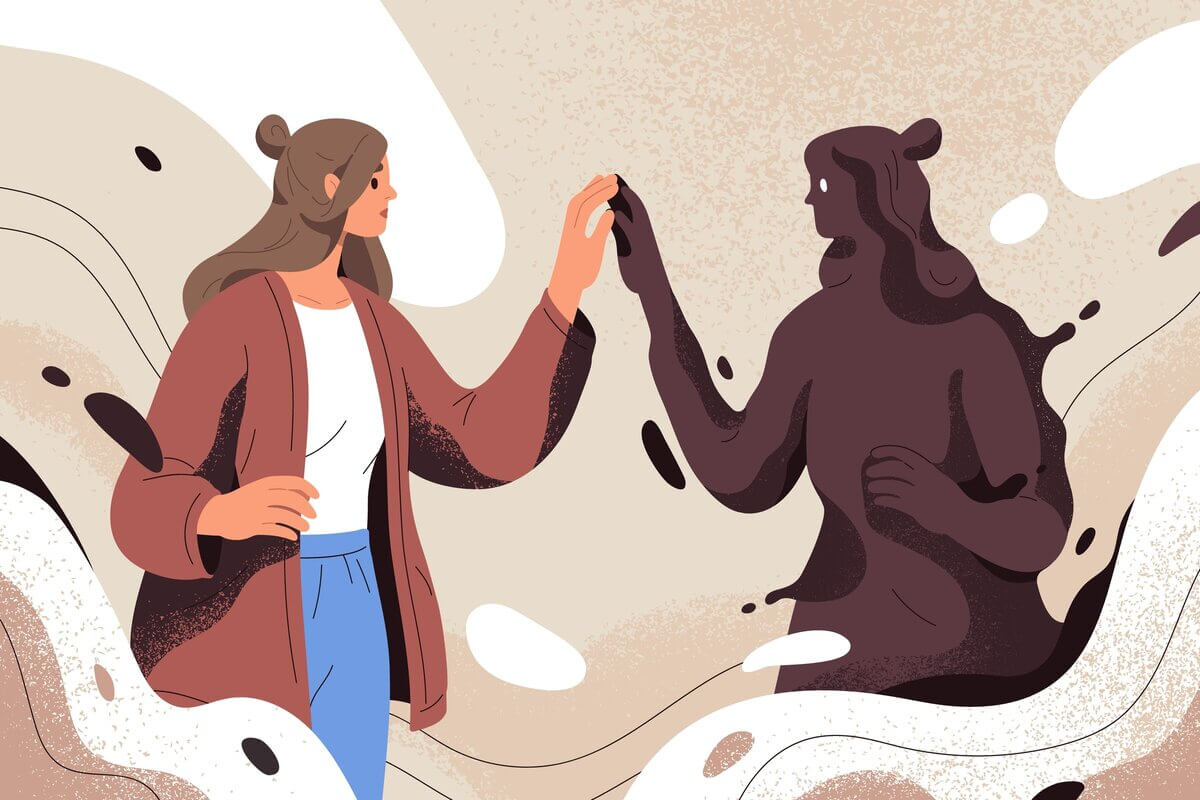 Ilustração de uma mulher encostando as mãos em sua sombra