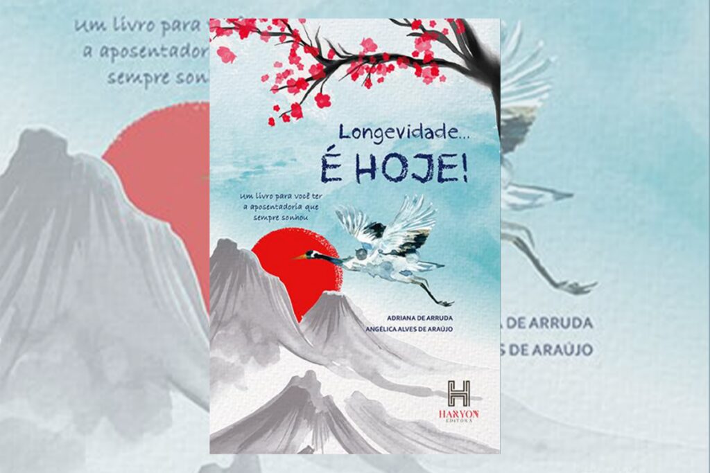 Capa de livro com tÃtulo e nome do autor, com a ilustração de uma montanha, um sol vermelho e uma garça voando com uma árvore preta e folhas vermelhas